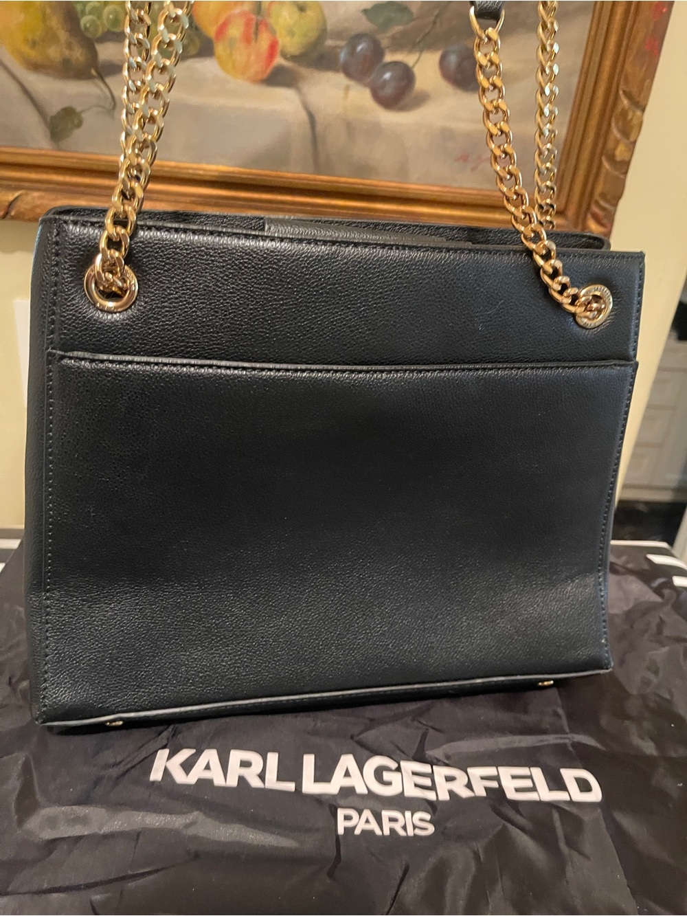 Karl Lagerfeld Black Leather Tote with Gold Stud Chevron & Chain Straps - Picture 7 of 14